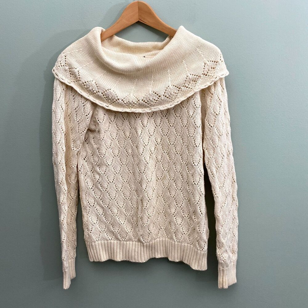 Madison Studio Cowl Neck Sweater Diamond Knit Womens Large Tan Cottagecore